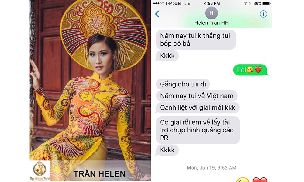 Helen Trần nhắn tin cho Trưởng ban tổ chức cuộc thi Mrs Việt Nam World muốn xin hậu tạ để được giải cao